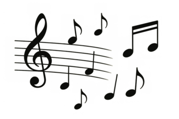 Musical notes and treble clef floating on a transparent background, representing harmony, melody, and sound concepts