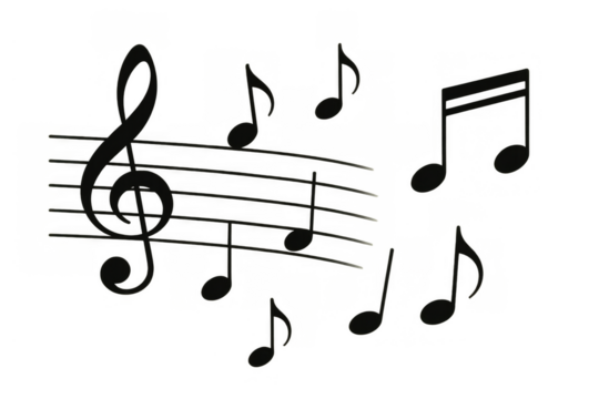 Musical notes and treble clef floating on a transparent background, representing harmony, melody, and sound concepts