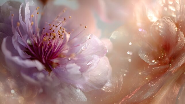 Delicate pink blossom flower glowing softly in dreamy magical spring atmosphere