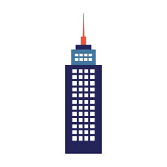 Simple flat-style illustration of a tall blue skyscraper with neat white windows, a light-blue top section, and an orange antenna on a clean white background.