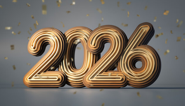 Shimmering 2026 numbers with falling gold confetti celebrate New Year's Eve