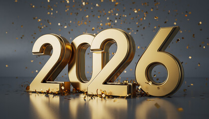Celebrate New Year with elegant gold 2026 numbers and falling confetti