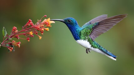 Graceful hummingbird hovering with shimmering emerald feathers, rapid wing motion, delicate feeding behavior captured while drinking nectar from a vivid tropical flower in a bright natural environment
