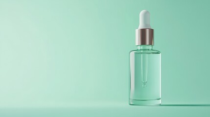 Bottle of natural serum on a light green background with copy space