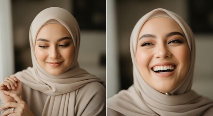 A young woman wearing a beige hijab smiling and looking down in a well-lit indoor setting, conveying happiness and confidence