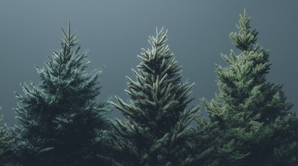 Obraz premium three christmas trees, evergreen variety, natural pine shapes, realistic conifer lineup, winter nature concept, holiday greenery, forest inspiration