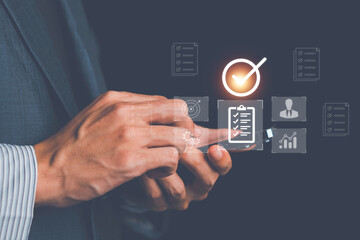 Businessman verifying digital identity and KYC documents using smart technology, representing secure authentication, online approval, and digital onboarding on business platforms.