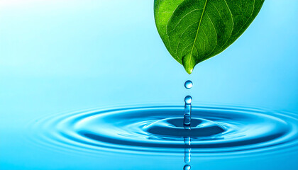 A drop of water falling from a green leaf into the water
