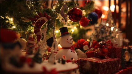 Festive Christmas scene with decorative ornaments, a snowman figure and warm glowing lights creating a magical holiday mood
