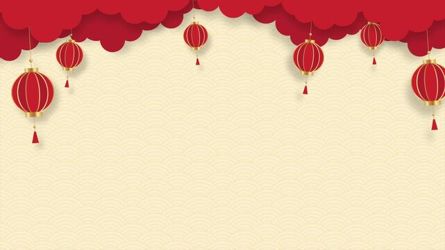Minimal Chinese New Year animation background with red lanterns, gold cloud elements, soft wave patterns, and wide copy space. Suitable for festive greetings, promos, and Asian themed designs.