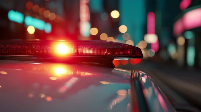 夕景の街で車の屋根の赤い警光灯が点灯し色彩のボケに映える