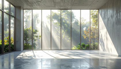 Fototapeta premium Empty concrete room with large window 3d render architecture background 