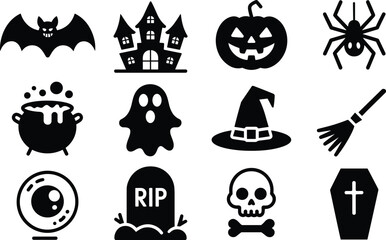 Halloween icon set with bat, haunted house, pumpkin, spider, cauldron, ghost, witch hat, broom, skull, coffin and spooky symbols