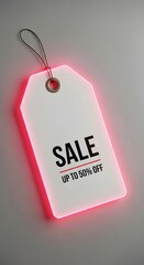A glowing neon sale tag with a string attached, displaying a discount message of up to 50% off on a plain background