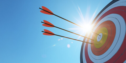 Colorful archery target filled with arrows hitting the center, symbolizing collective effort, mastery and goal achievement. Great for business, teamwork and focus themes