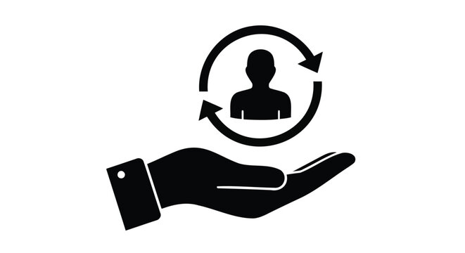 Hand holding a person icon with circular arrows isolated on