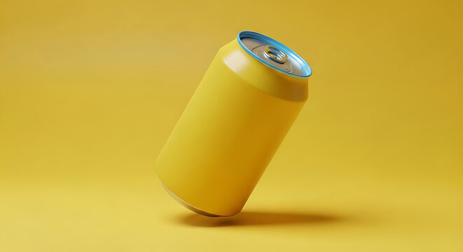 Yellow soda can with blue lid tilted on a yellow background drink beverage