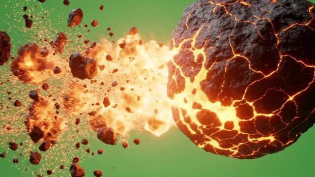 Dramatic scene of a large, fiery space rock breaking apart against a green screen background. Smaller chunks of the rock explode outwards with bursts of energy and light. The rock is textured with cra