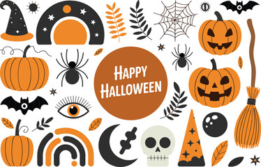 Happy Halloween illustration collection with pumpkins bats spiders witch hat broom moon skull cobweb leaves and festive seasonal decorative elements