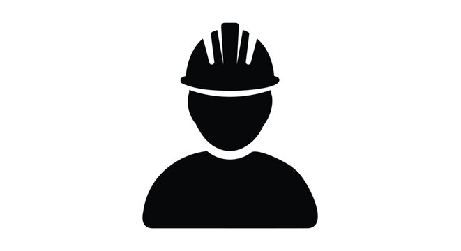 Black silhouette icon of a construction worker wearing a hard hat, isolated on