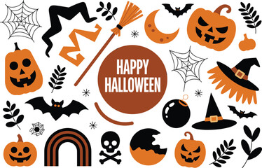 Happy Halloween illustration collection with pumpkins bats spiders witch hat broom moon skull cobweb leaves and festive seasonal decorative elements
