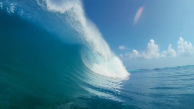 A perfect, massive ocean wave rolls and breaks in the crystal-clear turquoise waters of the Maldives. Ideal conditions for surfing and pure ocean beauty.