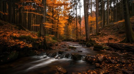 Fototapeta premium Autumn Forest Scene with Flowing Stream and Vibrant Orange Leaves