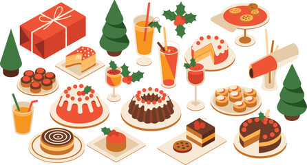 Isometric Christmas dessert collection with festive cakes, puddings, pastries, holiday drinks, holly decorations and seasonal sweets for winter celebration