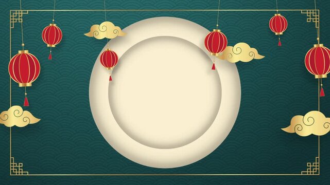Paper-cut style Chinese New Year animation featuring a layered frame, and dark teal wave background with clean copy space. Perfect for festive greetings, promos, and Asian themed visuals.