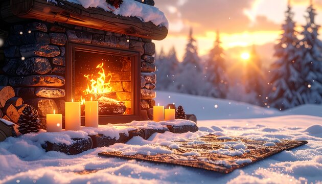 A cozy winter scene featuring a stone fireplace with burning fire and candles, blanketed in snow, and the sun setting - Powered by Adobe