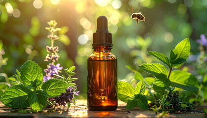 Amber glass dropper bottles and mint leaves, peppermint oil in a bottle with a pipette
