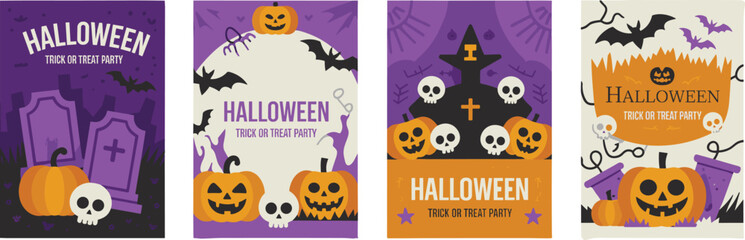 Set of four Halloween party posters with pumpkins skulls bats graveyard spooky illustrations in vibrant purple orange holiday themed graphic designs