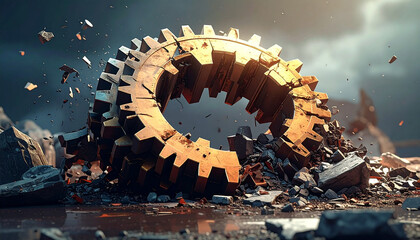 Complex mechanism is generating energy with lightning sparks and rotating gears