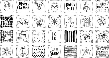 Hand-Drawn Black and White Christmas Pillow Designs Collection with Festive Holiday Cushions featuring Santa, Reindeer, Snowflakes, and Patterns