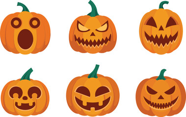 Set of six Halloween jack-o’-lantern pumpkins with scary carved faces, spooky expressions and festive holiday illustration elements for seasonal design