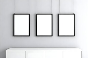 Symmetrisches Triple-Rahmen-Set an der Wand: Modernes Galerie-Mockup im Wohnzimmer