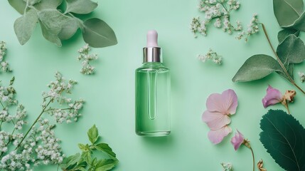 Bottle of natural serum with flowers on a light green background