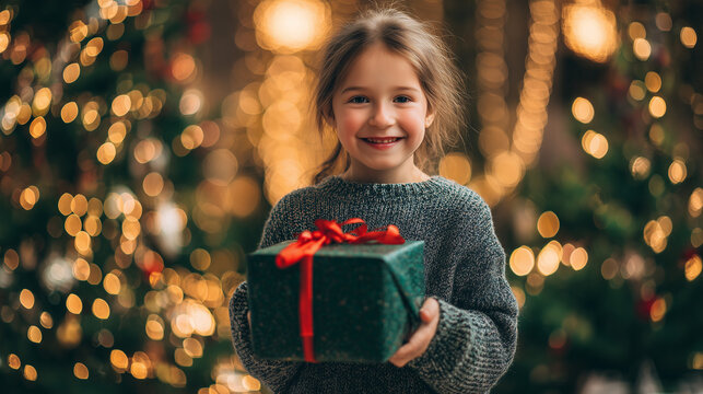 young girl holding christmas gift, smiling child with present box, festive background with bokeh lights, joyful holiday moment, warm indoor christmas scene, cozy winter celebration, red ribbon wrapped - Powered by Adobe