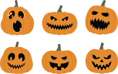 Set of six Halloween jack-o’-lantern pumpkins with scary carved faces, spooky expressions and festive holiday illustration elements for seasonal design