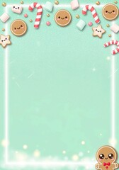 Kawaii Christmas poster displays pastel green background with cute gingerbread and candy border