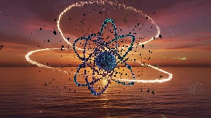 Stunning Atomic Energy Visualization Over Water at Sunset with Particle Effects.