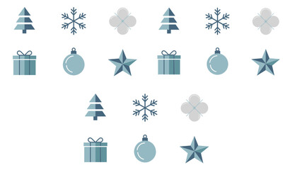 Simple and modern flat design vector icon set featuring cool blue and grey Christmas elements including trees, snowflakes, stars, gift boxes, and festive bauble ornaments, perfect for website graphics
