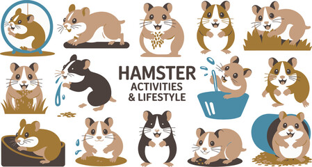 Obraz premium Cartoon Hamsters Engaging in Various Activities Running in Wheel, Eating, Playing, and Washing
