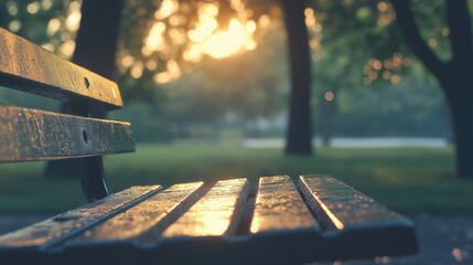 Peaceful park bench bathed in golden sunlight invites quiet reflection and peaceful moments outdoors