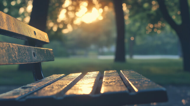Peaceful park bench bathed in golden sunlight invites quiet reflection and peaceful moments outdoors