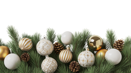 Elegant Christmas baubles and pine branches for festive holiday decor