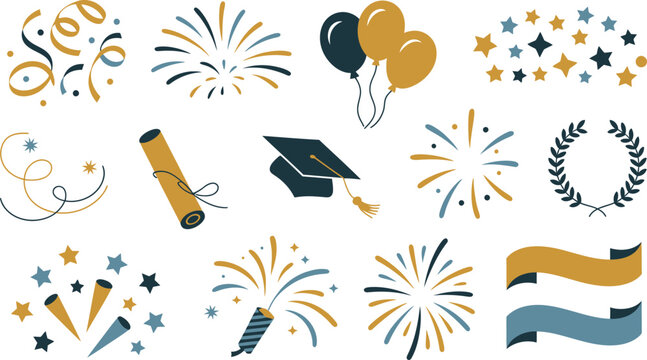 Celebration and Graduation Icons Confetti, Fireworks, Diploma, Mortarboard, Balloons, Laurel Wreath, and Ribbons Isolated on White