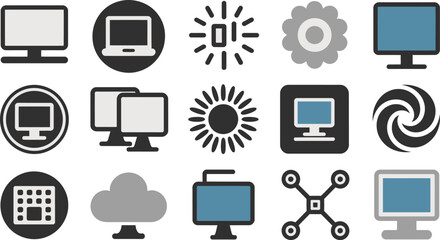 Collection Desktop Computers, Laptop, Cloud, Flower, Sun, Swirl, and Drone Icons