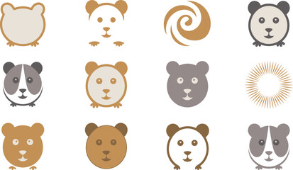 Fototapeta premium Collection of Minimalist Bear and Panda Face Icons in Various Colors and Shapes on White