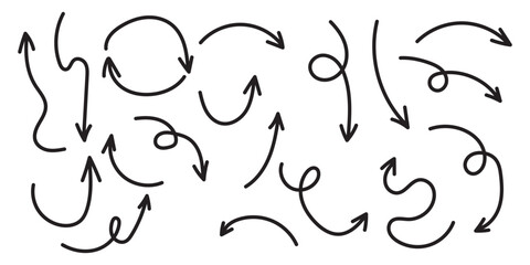 set of hand drawn arrows in sketch style. Includes different directions, curved lines, and doodle style symbols.